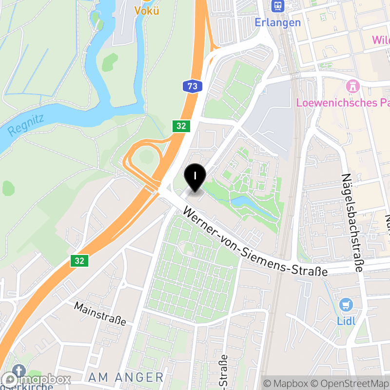 Kartenausschnitt:Berufsfachschule für Physiotherapie Erlangen des Schulvereins für Physiotherapie Erlangen e.V.