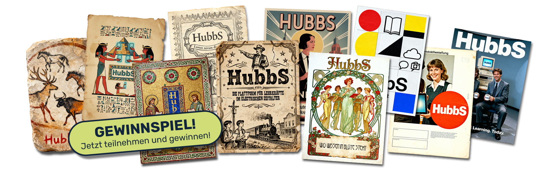 Das Headerbild der HubbS-Kampagne zeigt 10 Postermotive, die an unterschiedliche historische Zeiten und Stile angelehnt sind.