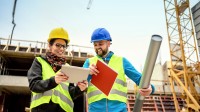 Ein bautechnischer Assistent hilft der Bauleiterin bei der Überwachung des Neubauprojekts.