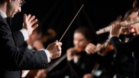 Ein Ensembleleiter dirigiert ein Musikstück während eines Auftritts.