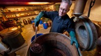 Ein Destillateur stellt Gin nach traditionellen und handwerklichen Methoden mit Wacholderbeeren her.