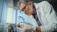 Ein grauhaariger präparationstechnischer Assistent begutachtet mit einer Lupe einen Knochen. Dabei trägt er Handschuhe und einen Kittel.