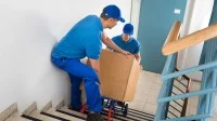 Zwei Fachkräfte für Möbel-, Küchen- und Umzugsservice transportieren einen Umzugskarton mit einer Sackkarre die Treppe hinunter.