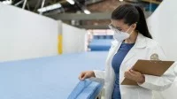 Eine Produktprüferin - Textil begutachtet die Qualität eines SMS-Vliesstoffes für Medizinprodukte.