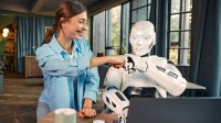 Eine junge Frau und ein Roboter beim Fistbump