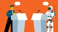 Graphische Darstellung einer Debatte zwischen einem Mensch und einem Roboter, die hinter einem Rednerpult stehen.