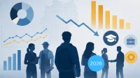 Auf dieser blau-gelben Grafik sind junge Menschen, Statistiken und Icons zum Thema Ausbildung abgebildet.