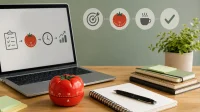 Ein Schreibtisch mit einem Laptop, Timer und Schreibutensilien. Dazu eine Grafik, über die Pomodoro-Technik.