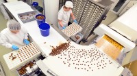 Zwei Süßwarentechnologinnen arbeiten in der Fabrik an der Herstellung von Pralinen.