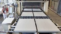 Ein Verfahrensmechaniker in der Steine- und Erdenindustrie überwacht die Produktion von Gipsfaserplatten.