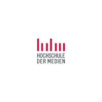 Rote Senkrechtstreifen und Text Hochschule der Medien