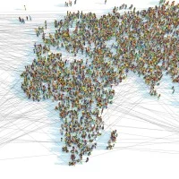 Eine 3D-Illustration einer Weltkarte bestehend aus Tausenden von vernetzten Menschen.