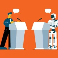 Graphische Darstellung einer Debatte zwischen einem Mensch und einem Roboter, die hinter einem Rednerpult stehen.
