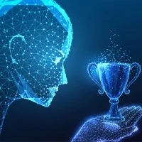 KI-Roboterkopf hält Siegerpokal auf Dunkelblau