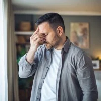 Ein Mann im Hemd fasst sich an den Kopf.