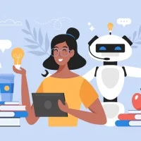 Junge Frau mit Tablet und Roboter