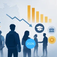 Auf dieser blau-gelben Grafik sind junge Menschen, Statistiken und Icons zum Thema Ausbildung abgebildet.