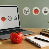 Ein Schreibtisch mit einem Laptop, Timer und Schreibutensilien. Dazu eine Grafik, über die Pomodoro-Technik.