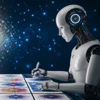 KI generiertes Bild eines Menschen und eines Roboters, die am Tisch sitzen und zeichnen.