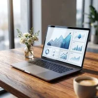 Ein Laptop auf einem Holztisch, der Bildschirm zeigt Grafiken zu Statistiken.