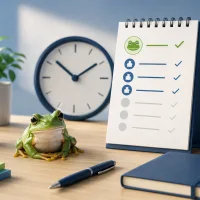 Ein Frosch sitzt auf einem Schreibtisch, welcher mit Büromaterial bedeckt ist.