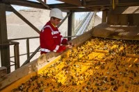 Ein Aufbereitungsmechaniker überwacht die Aufbereitungsanlage bei der Qualitätskontrolle am Schwingsieb im Kieswerk in Voerde.