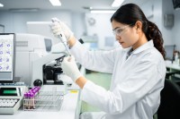 Eine medizinische Technologin für Laboratoriumsanalytik analysiert im Labor eine Blutprobe.
