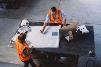 Ein Bauzeichner arbeitet mit einer Kollegin Änderungen in den Bauplan ein.