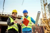 Ein bautechnischer Assistent hilft der Bauleiterin bei der Überwachung des Neubauprojekts. Das Team befindet sich auf der Baustelle und trägt entsprechende Sicherheitskleidung.