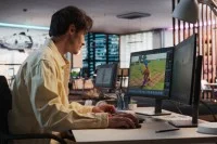 Ein Assistent für Medientechniksitzt in seinem Büro und arbeitet am Computer an dem neuen Computerspiel.