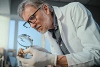 Ein grauhaariger präparationstechnischer Assistent begutachtet mit einer Lupe einen Knochen. Dabei trägt er Handschuhe und einen Kittel.