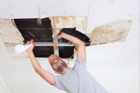 Eine Fachkraft für Holz- und Bautenschutzarbeiten untersucht einen Wasserschaden an Deckenpaneelen und besprüht die betroffenen Stellen mit Chemikalien.