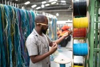 Eine Fachkraft für Metalltechnik prüft die Qualität eines Drahts.