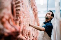 Ein Fleischer überprüft die Qualität des Fleisches im Schlachthof.