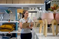 Eine Kauffrau im Einzelhandel führt in einem Möbelgeschäft eine Inventur durch.