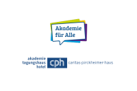 Sprechblase mit Text Akademie für Alle und Logo des Caritas Pirckheimer Haus