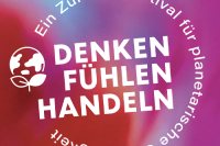 Logo des Zukunftsfestival für planetarische Gerechtigkeit mit dem Thema Denken, Fühlen, Handeln