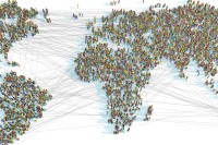 Eine 3D-Illustration einer Weltkarte bestehend aus Tausenden von vernetzten Menschen.