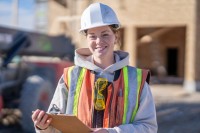 Eine junge Frau mit Bauhelm und Warnweste steht auf einer Baustelle und hat ein Klemmbrett in der Hand.
