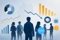 Auf dieser blau-gelben Grafik sind junge Menschen, Statistiken und Icons zum Thema Ausbildung abgebildet.
