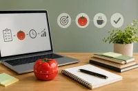 Ein Schreibtisch mit einem Laptop, Timer und Schreibutensilien. Dazu eine Grafik, über die Pomodoro-Technik.
