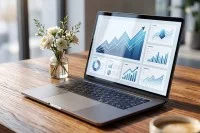 Ein Laptop auf einem Holztisch, der Bildschirm zeigt Grafiken zu Statistiken.