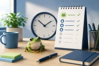 Ein Frosch sitzt auf einem Schreibtisch, welcher mit Büromaterial bedeckt ist.