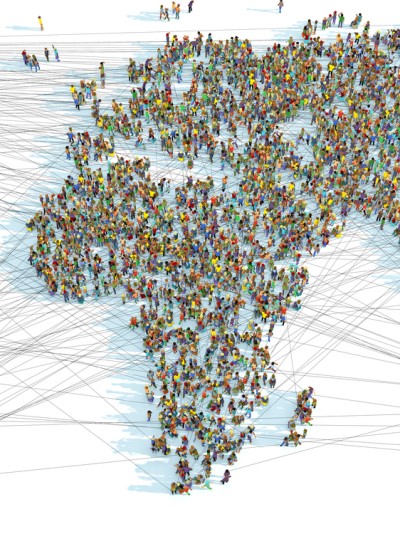 Eine 3D-Illustration einer Weltkarte bestehend aus Tausenden von vernetzten Menschen.