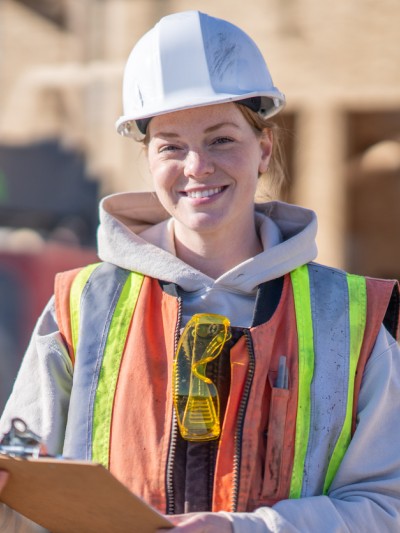 Eine junge Frau mit Bauhelm und Warnweste steht auf einer Baustelle und hat ein Klemmbrett in der Hand.