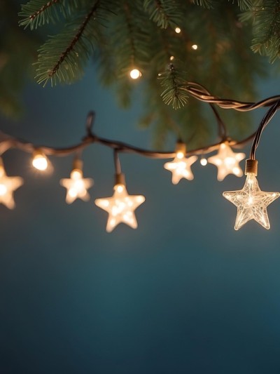 Eine leuchtende Lichtekette mit Sternen unter einem Tannenzweig auf blauem Hintergrund
