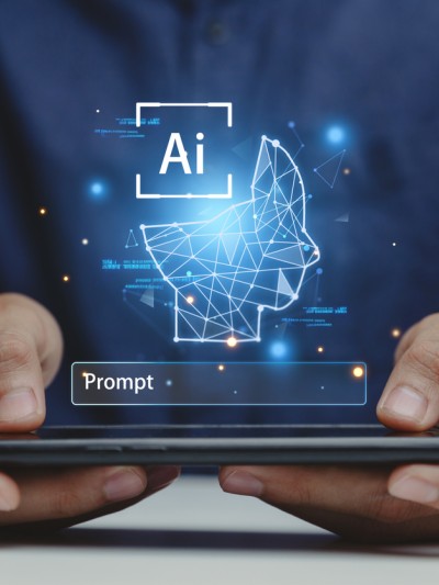 Die Hände eines Mannes halten ein Handy. Über dem Handy ist ein Hologramm einer AI und eines Prompts.