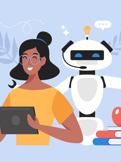 Junge Frau mit Tablet und Roboter