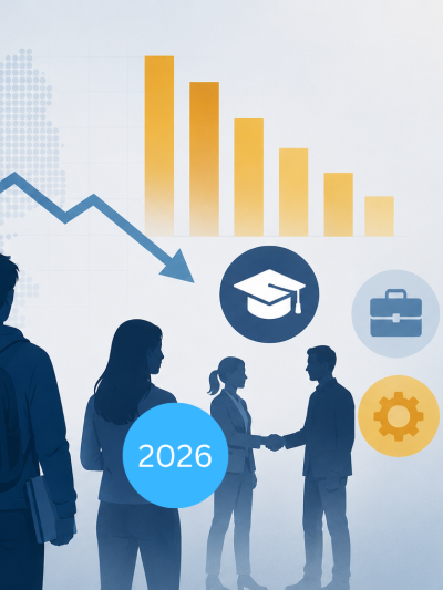 Auf dieser blau-gelben Grafik sind junge Menschen, Statistiken und Icons zum Thema Ausbildung abgebildet.