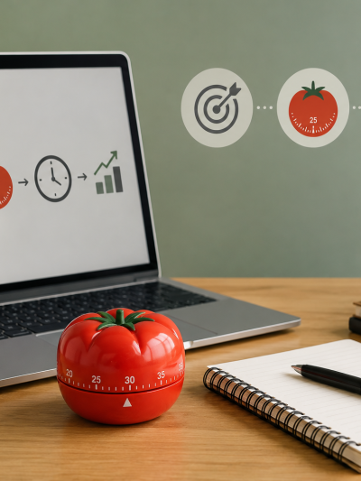 Ein Schreibtisch mit einem Laptop, Timer und Schreibutensilien. Dazu eine Grafik, über die Pomodoro-Technik.